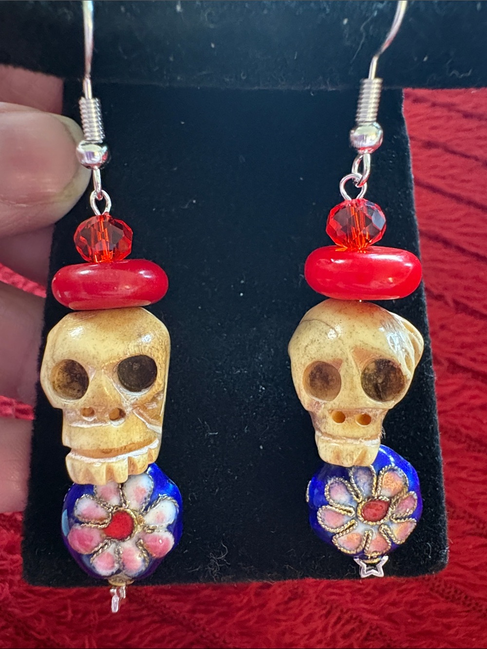 Hand Crafted Carved Bone Skull & Cloisonné Flower Dangle Earrings